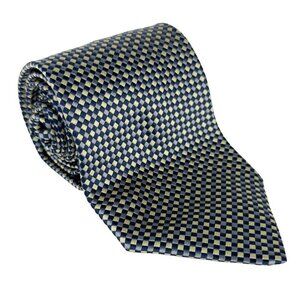 VALENTINO 100% Silk Made in Italy Checked Geometric Gold Gray & Black Tie 54"